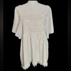 Umgee Cream Babydoll Ruched Top with Frayed Hem